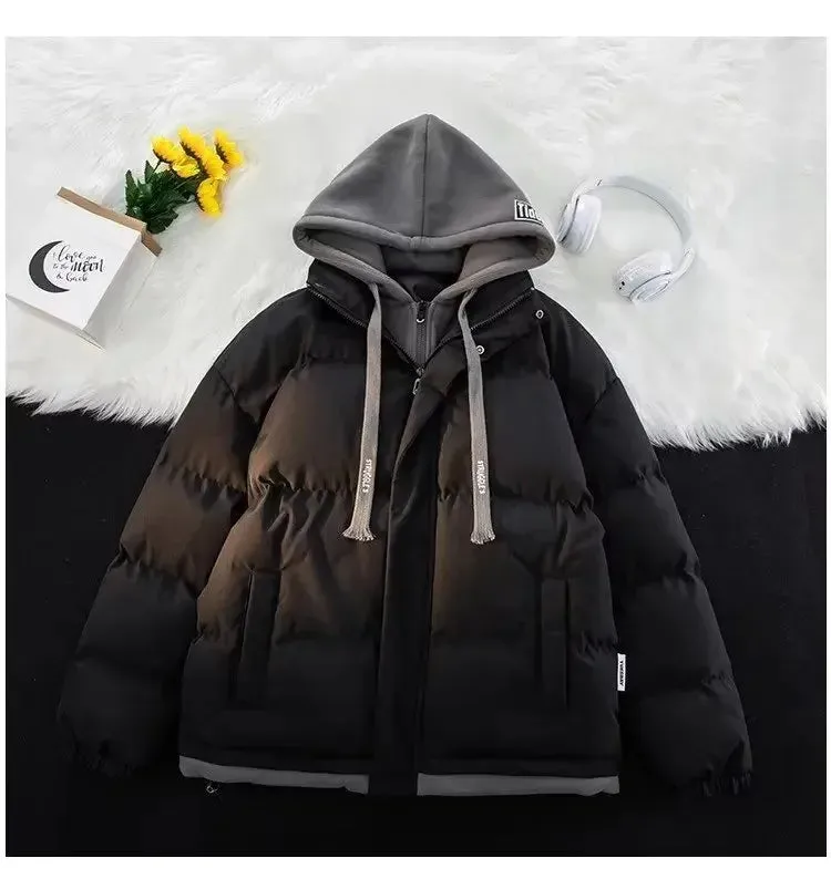 Winter New Style Padded Jacket Thickened Hooded Two-piece Illusion Puffer Jacket For Men Women Loose-fit Couple Student