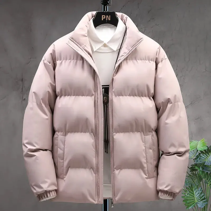 Winter Stand-collar Cotton Coat Couple Casual Warm Plus Velvet Thicken Solid Color Jacket