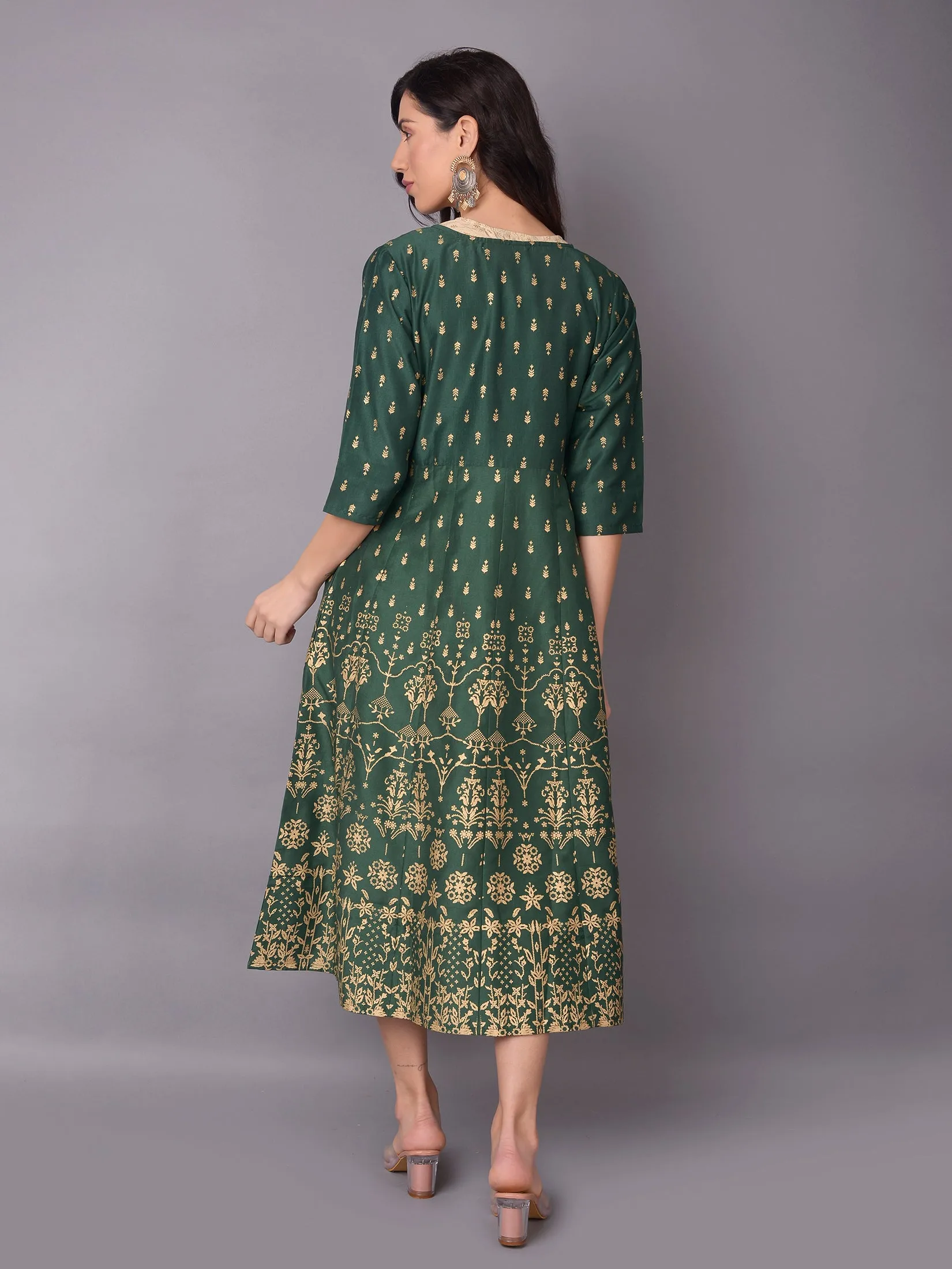 Women Green Floral Printed Dress With Jacket