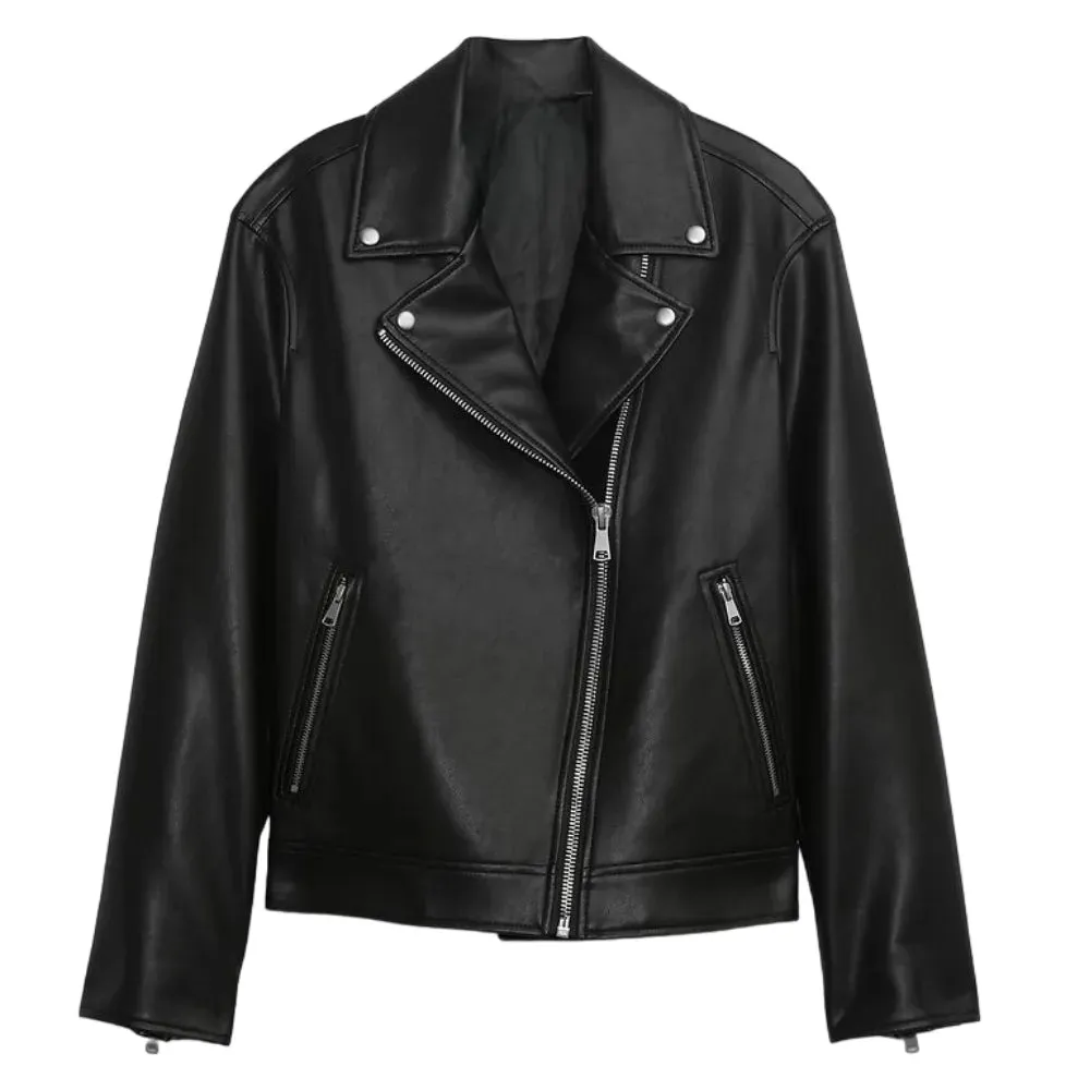 Womens Black Faux Leather Biker Jacket