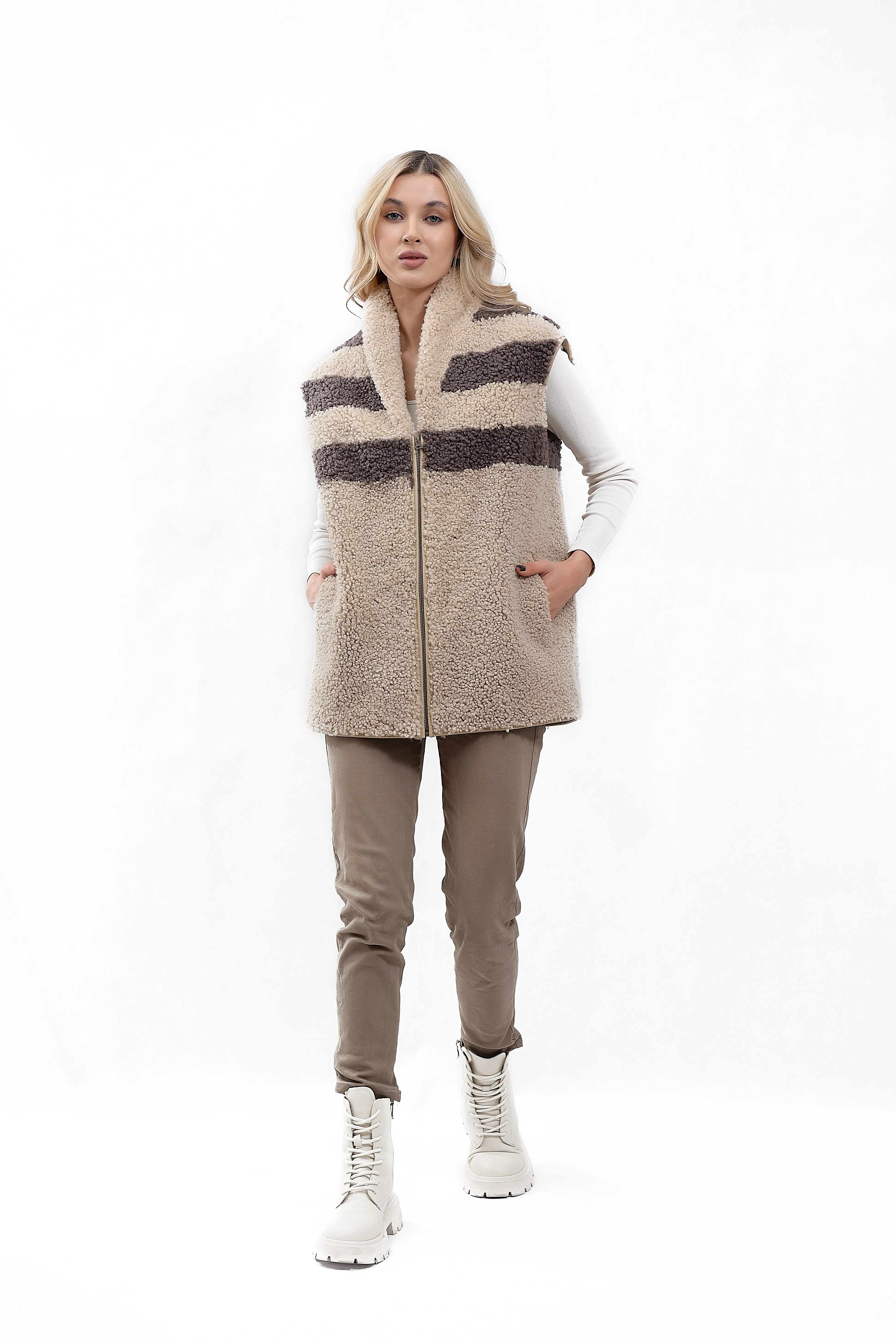 Womens Long Shearling Teddy Sheepskin Vest with Shawl Collar and Abstract Pattern