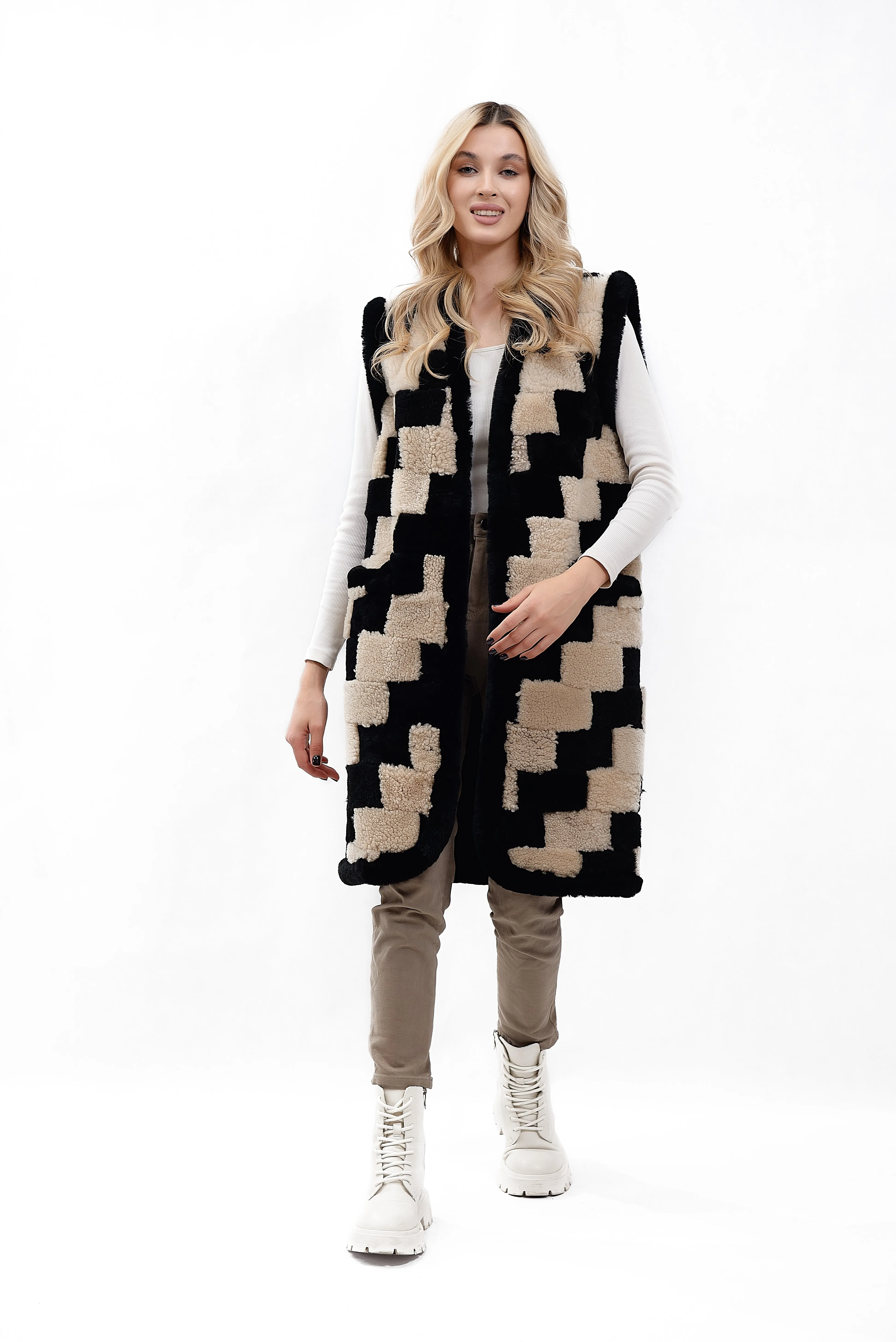 Women's Long Shearling Vest Made from Sheepskin Pieces