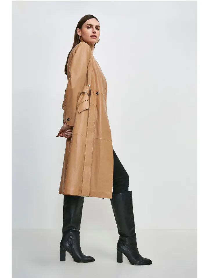 Women’s Tan Beige Sheepskin Leather Trench Coat With Belt