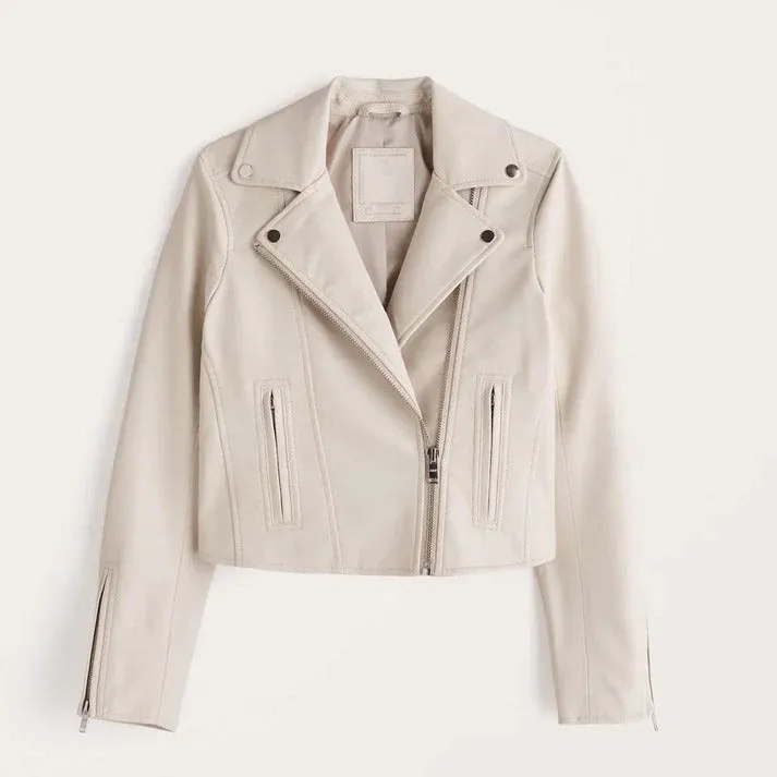 Women's White Leather Biker Jacket